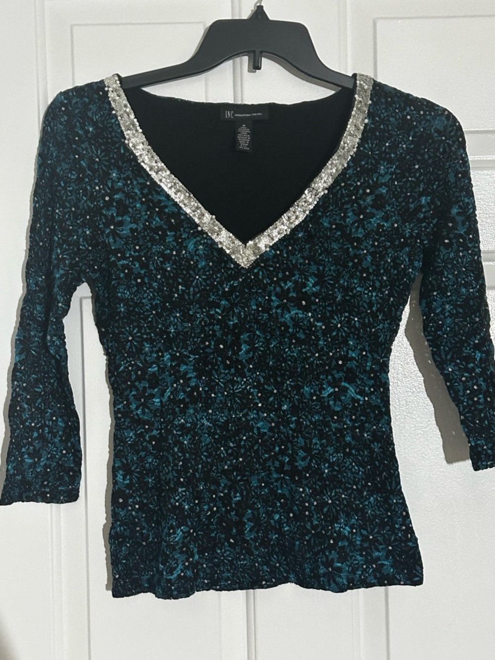 Vintage 90’s INC Teal Sequin V-Neck Women's Top